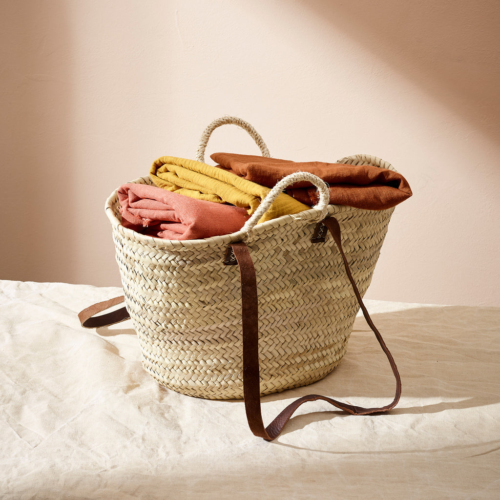 Straw basket clearance with leather handles